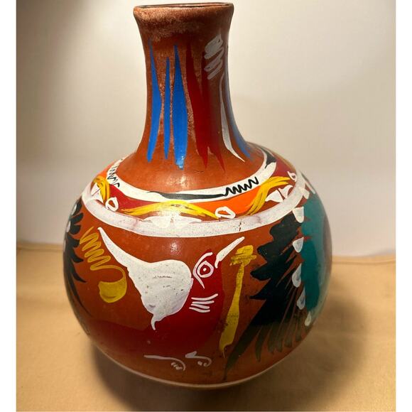 Hand Painted Red Ware Pottery Vessel Decanter Pitcher Jug Folk Art 11.5x8 in - Picture 1 of 12